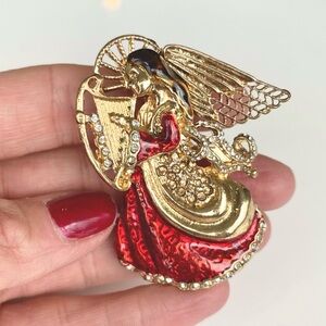Vintage Holiday Lane Christmas Holiday Lapel Pin Brooch Gold Red Angel w/Harp